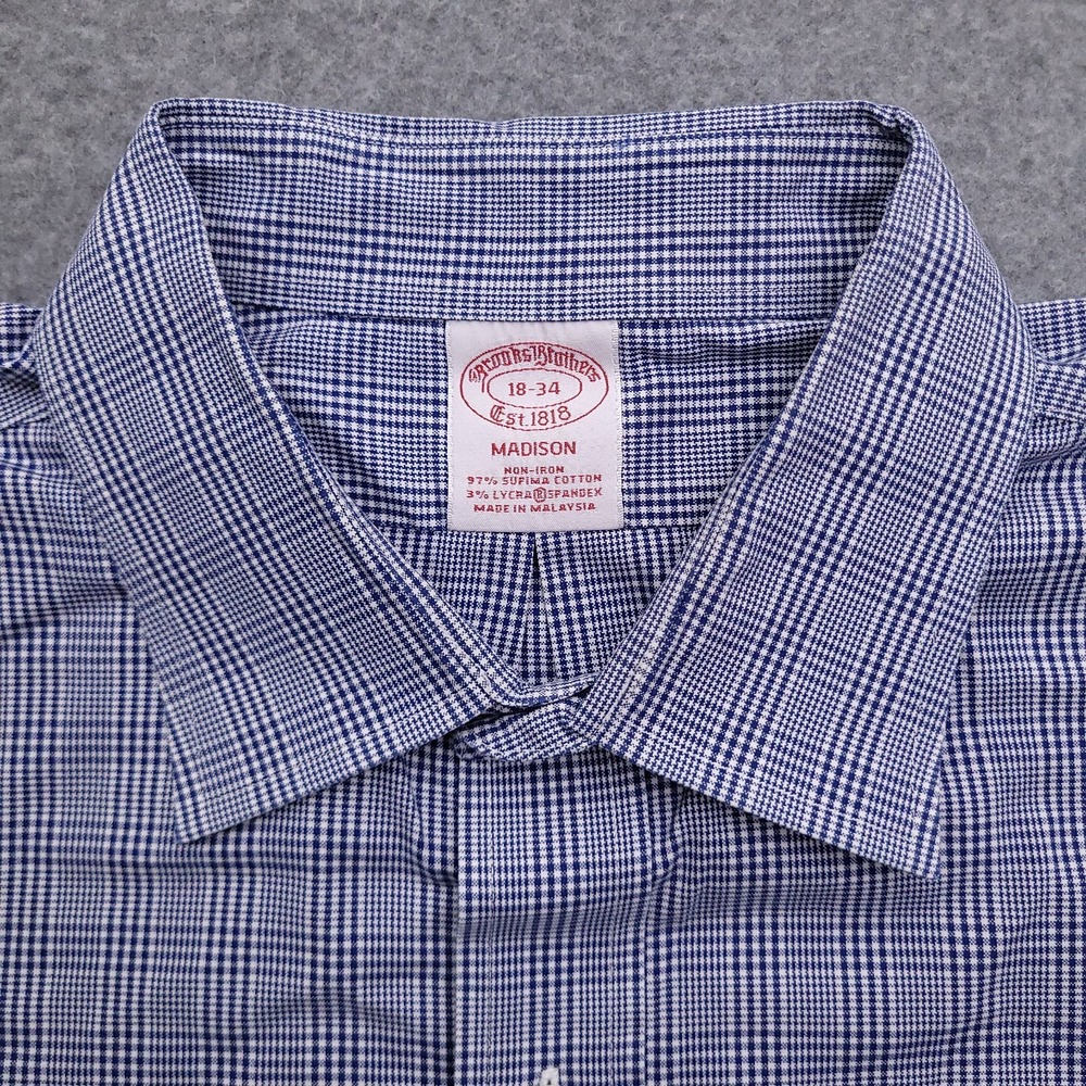 Brooks Brothers Dress Shirt Mens 18 34 Madison Non Iron Stretch Blue Glen Plaid